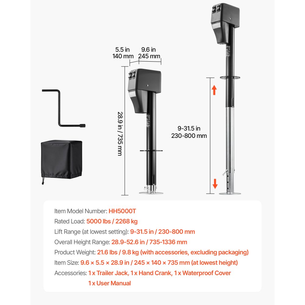 VEVOR Electric Trailer Jack, 2268 kg Capacity, Electric Power Tongue Jack with Waterproof Protective Cover & LED Light for Travel Trailer, Camper, RV, 230-686 mm Lift, 12V DC with Wiring, Black