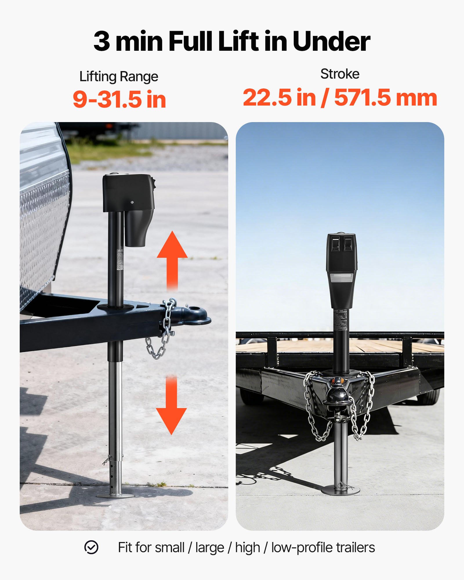 VEVOR Electric Trailer Jack, 2268 kg Capacity, Electric Power Tongue Jack with Waterproof Protective Cover & LED Light for Travel Trailer, Camper, RV, 230-686 mm Lift, 12V DC with Wiring, Black