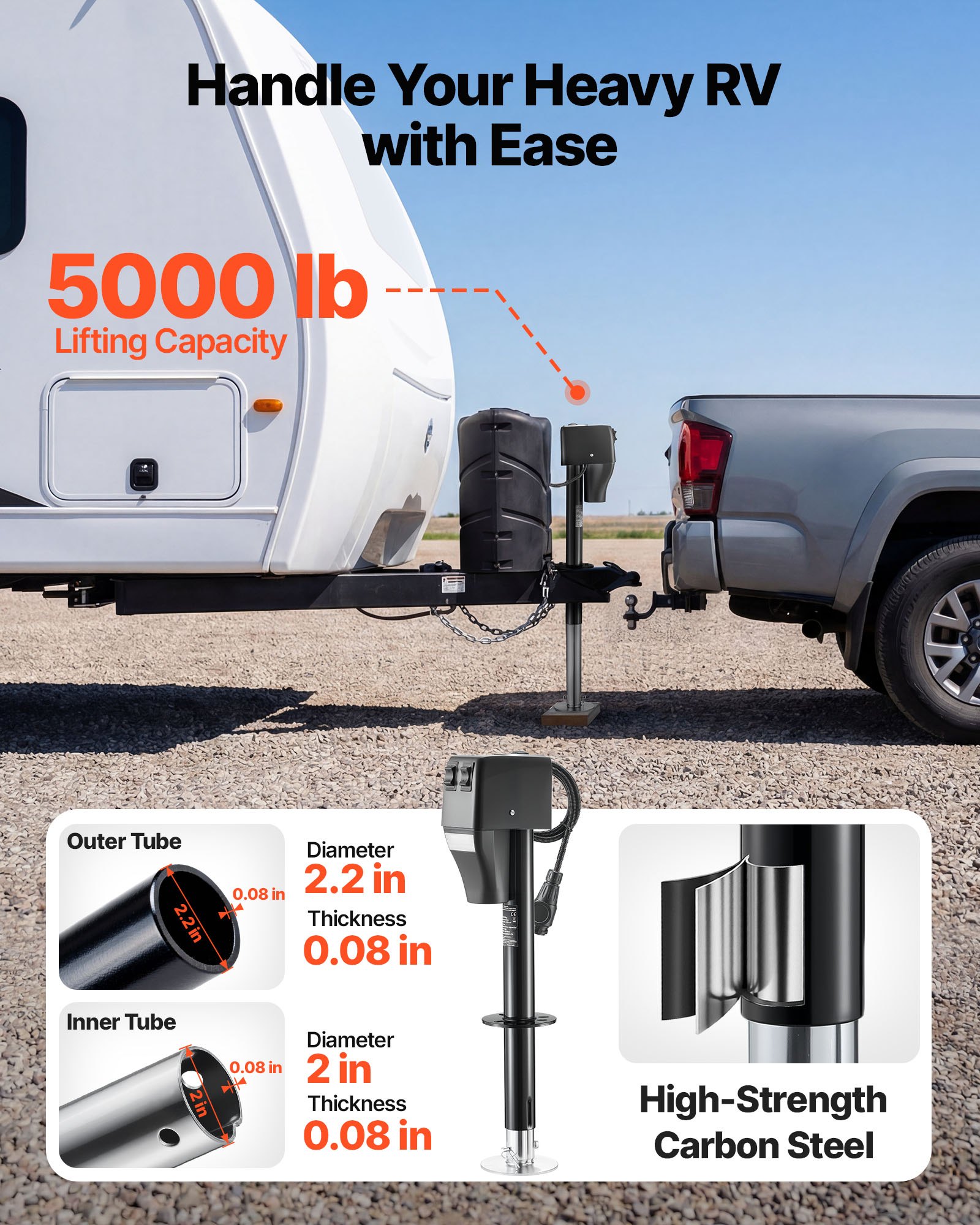 VEVOR elektrische aanhangerkrik 2268 kg, elektrische steunpoot met een slag van 230-686 mm, steun voor camperaanhangers met slinger, beschermkap en LED-verlichting voor caravans, campers en motorhomes, 12 V DC met kabelboom.