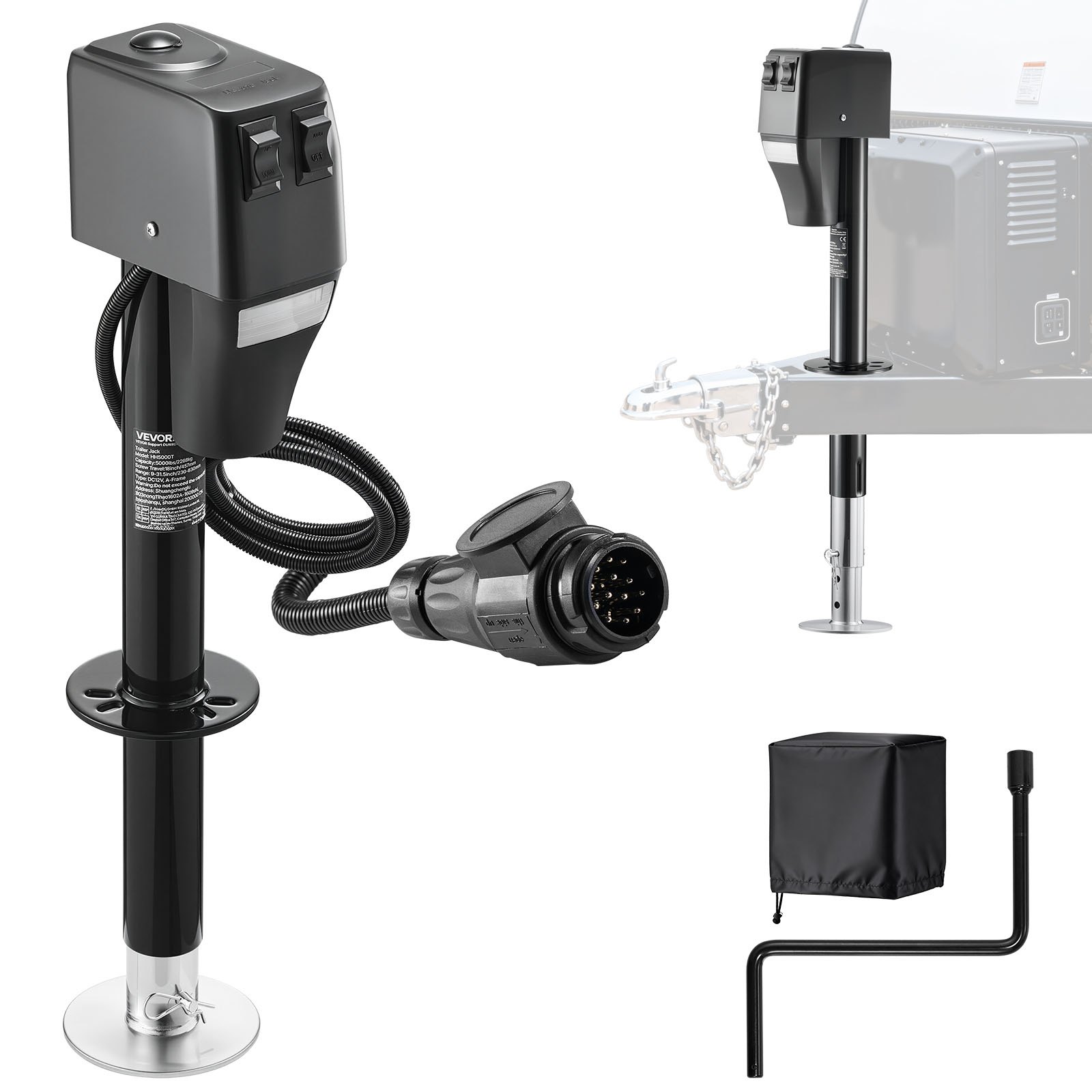 VEVOR elektrische aanhangerkrik 2268 kg, elektrische steunpoot met een slag van 230-686 mm, steun voor camperaanhangers met slinger, beschermkap en LED-verlichting voor caravans, campers en motorhomes, 12 V DC met kabelboom.