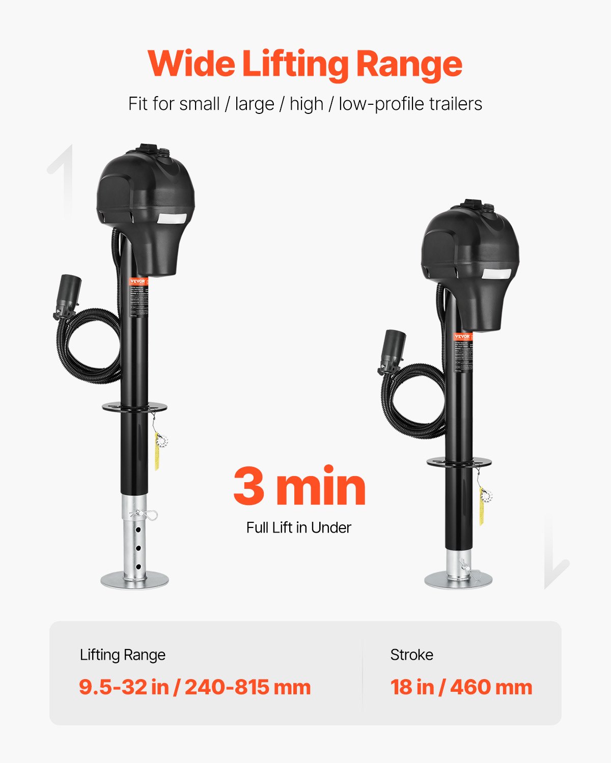VEVOR elektrische aanhangwagenkrik, 1588 kg, robuuste aanhangwagensteun met 7-pins connector, handmatige kruk en krikafdekking, hefhoogte 240-815 mm, voor aanhangwagens, campers en caravans, zwart