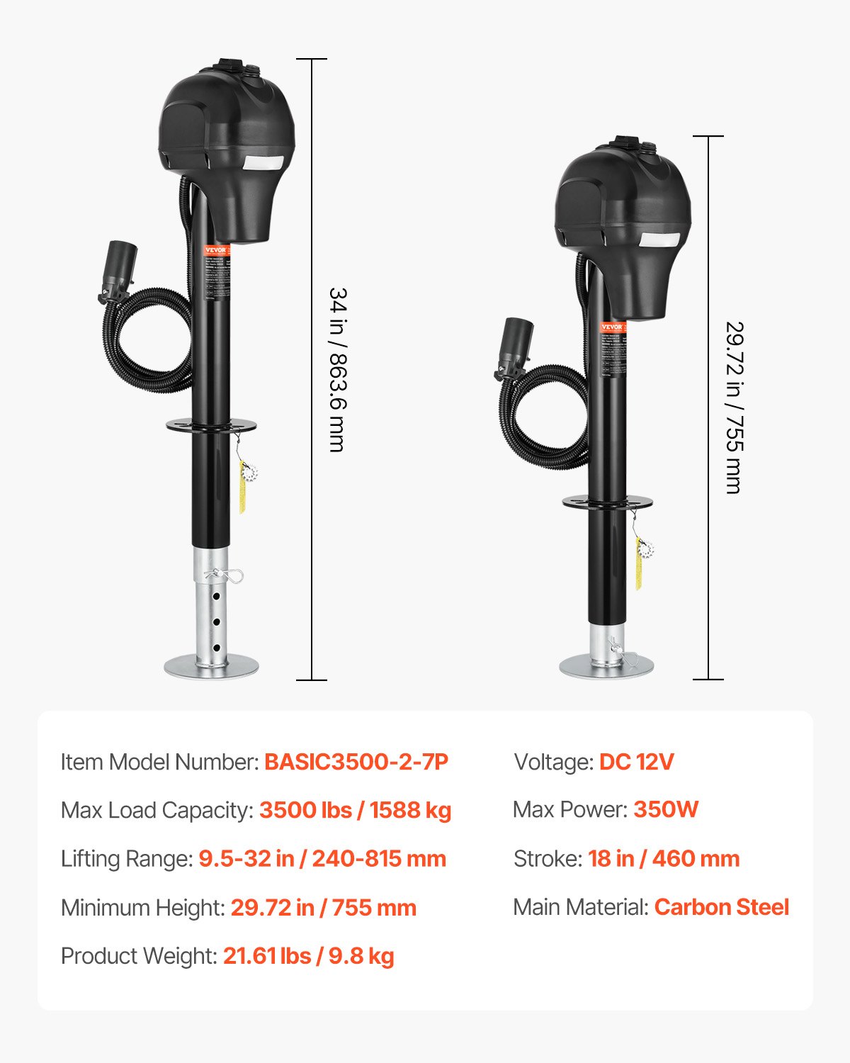 VEVOR elektrische aanhangwagenkrik, 1588 kg, robuuste aanhangwagensteun met 7-pins connector, handmatige kruk en krikafdekking, hefhoogte 240-815 mm, voor aanhangwagens, campers en caravans, zwart