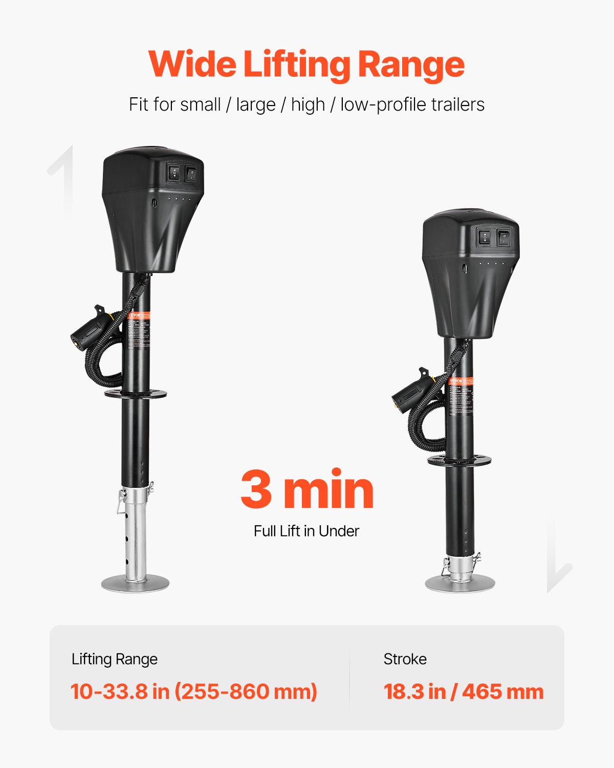 VEVOR elektrische aanhangwagenkrik, 2267 kg, camperaanhangwagensteun met 7-polige stekker, handmatige kruk en krikafdekking, hefhoogte 255-860 mm, voor aanhangwagens, campers en caravans, zwart
