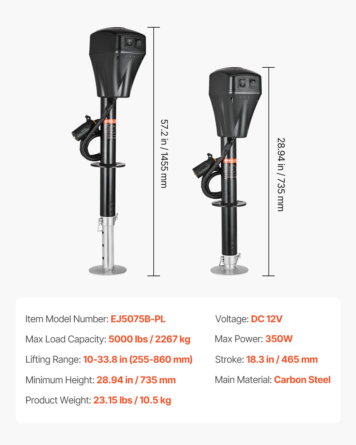 VEVOR elektrische aanhangwagenkrik, 2267 kg, camperaanhangwagensteun met 7-polige stekker, handmatige kruk en krikafdekking, hefhoogte 255-860 mm, voor aanhangwagens, campers en caravans, zwart