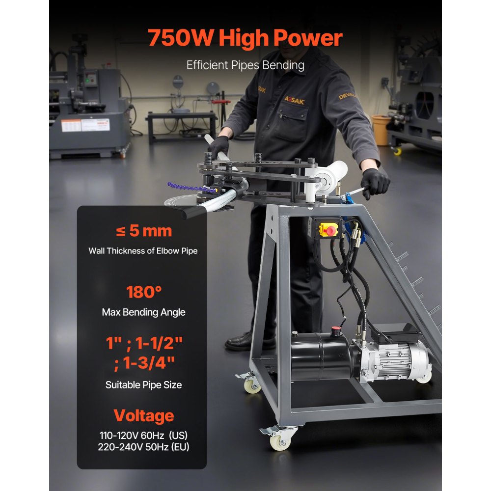 VEVOR Electric Tube Bending Machine, 750W Electric Tubing Bender with 6L Hydraulic Cylinder, Movable Pipe Bender Machine with Casters, 3 Dies & 180° Max Bending Angle, Suitable for 3/4 to 2 inch Pipes
