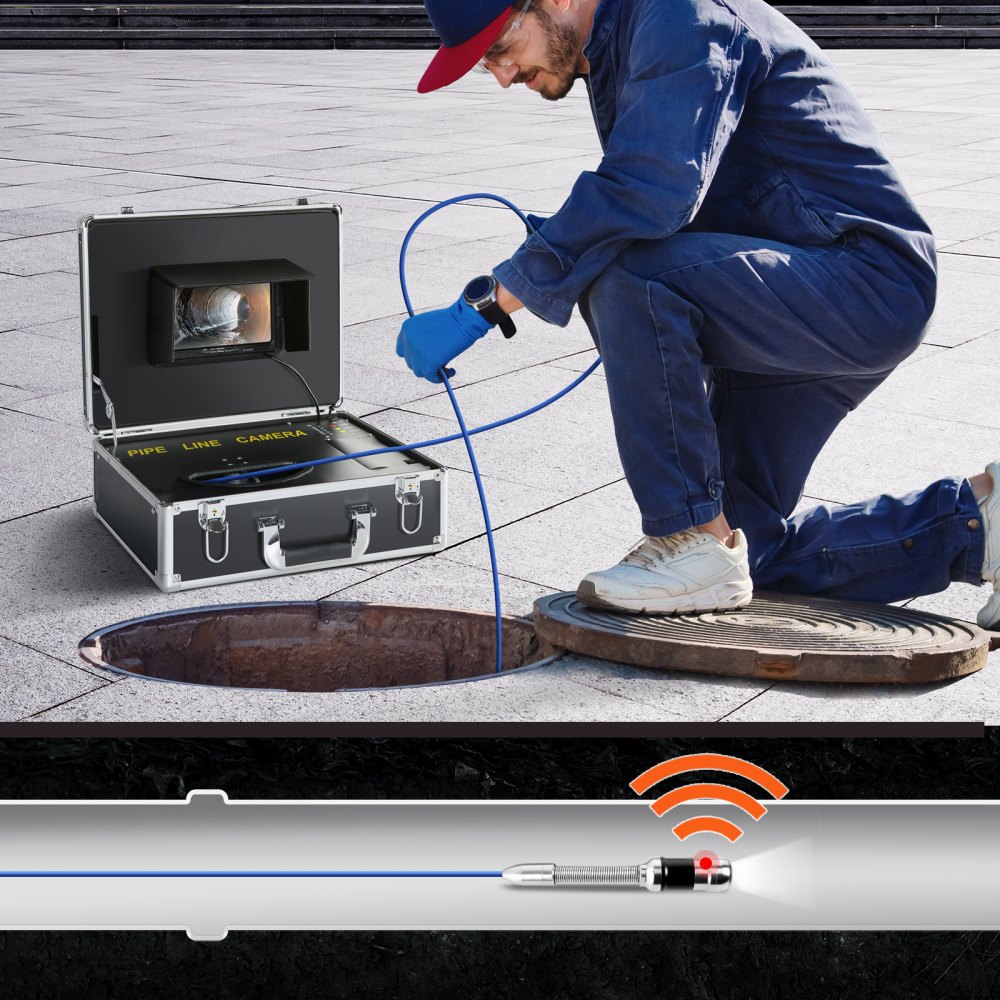 VEVOR Rioolcamera met 512Hz Tracking, 30m, 17,8cm Pijpinspectiecamera met DVR-functie, IP68 Camera met 12 verstelbare LED's, een 16GB SD-kaart voor Rioolleidingen, Huis, Rioolafvoerbuizen