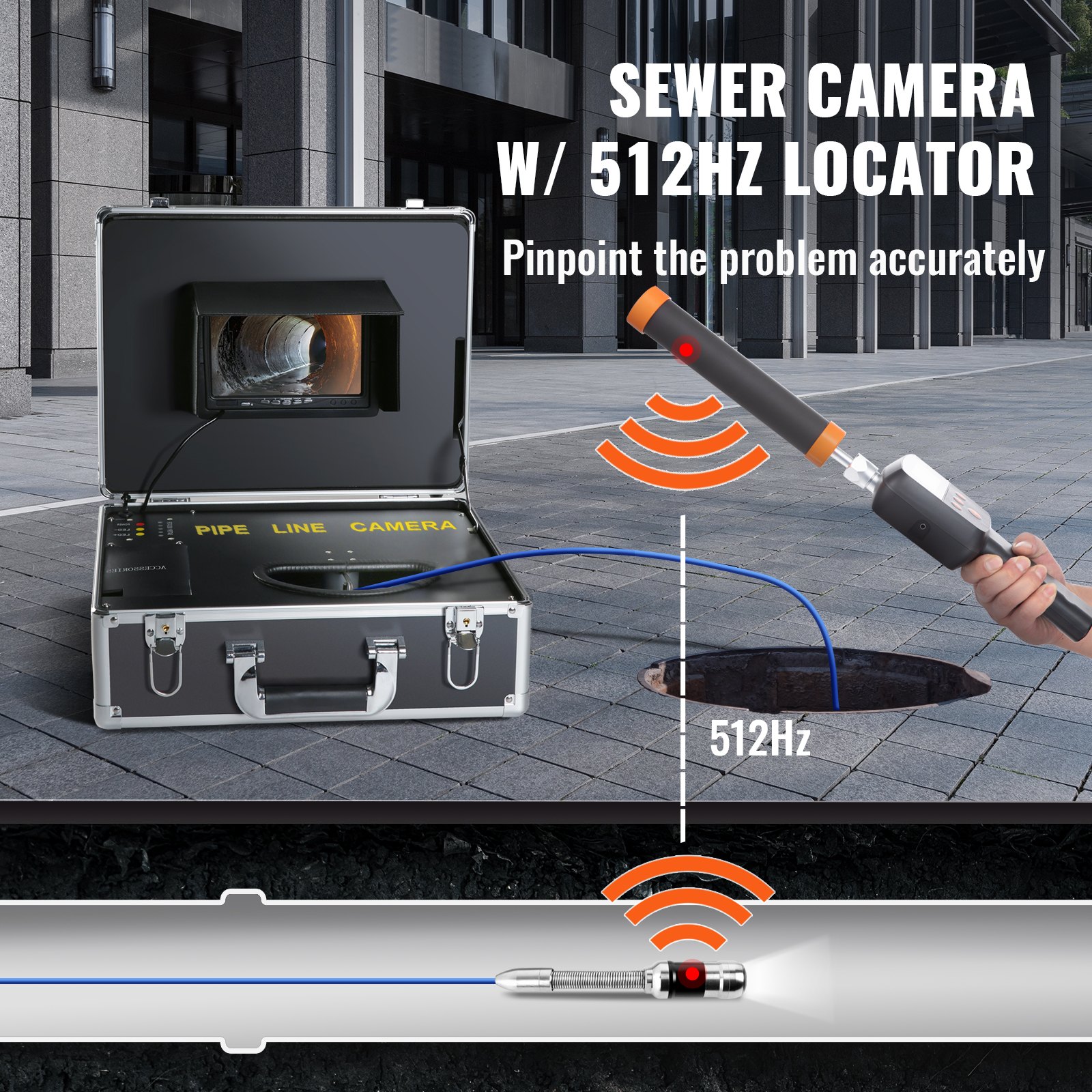VEVOR Rioolcamera met 512Hz Tracking, 30m, 17,8cm Pijpinspectiecamera met DVR-functie, IP68 Camera met 12 verstelbare LED's, een 16GB SD-kaart voor Rioolleidingen, Huis, Rioolafvoerbuizen