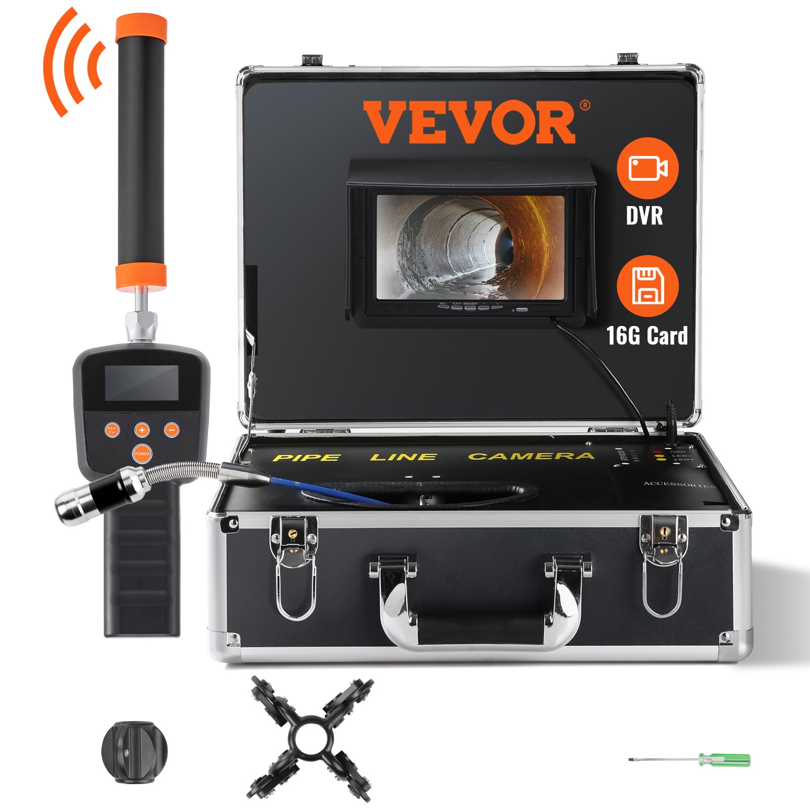 VEVOR Rioolcamera met 512Hz Tracking, 30m, 17,8cm Pijpinspectiecamera met DVR-functie, IP68 Camera met 12 verstelbare LED's, een 16GB SD-kaart voor Rioolleidingen, Huis, Rioolafvoerbuizen