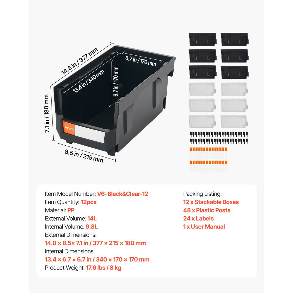 VEVOR stapeldozen, 377 x 215 x 180 mm (12-pack), transparante opbergdozen, stapelbare opbergdoos voor het organiseren en opbergen van kleine onderdelen, kantoorbenodigdheden en andere accessoires, zwart en transparant