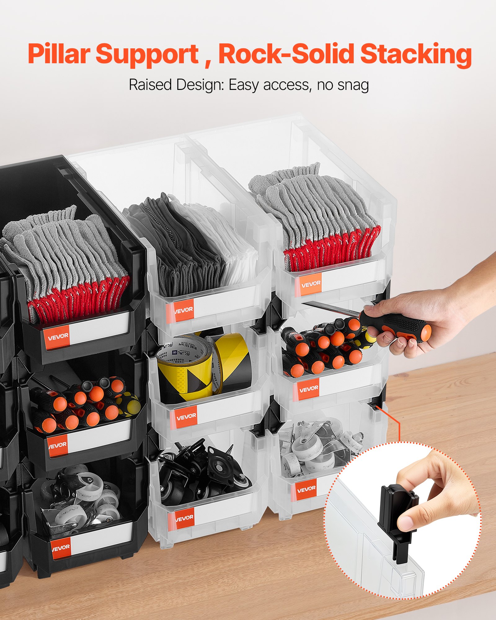 VEVOR stapeldozen, 377 x 215 x 180 mm (12-pack), transparante opbergdozen, stapelbare opbergdoos voor het organiseren en opbergen van kleine onderdelen, kantoorbenodigdheden en andere accessoires, zwart en transparant