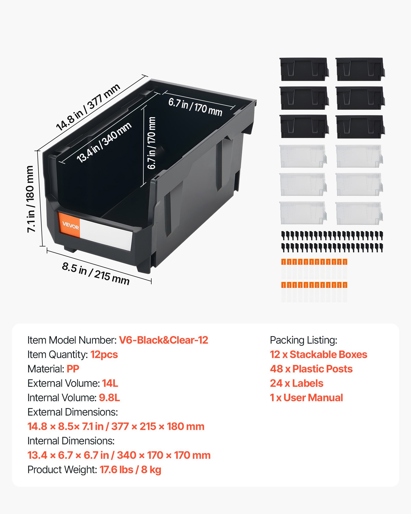 VEVOR stapeldozen, 377 x 215 x 180 mm (12-pack), transparante opbergdozen, stapelbare opbergdoos voor het organiseren en opbergen van kleine onderdelen, kantoorbenodigdheden en andere accessoires, zwart en transparant
