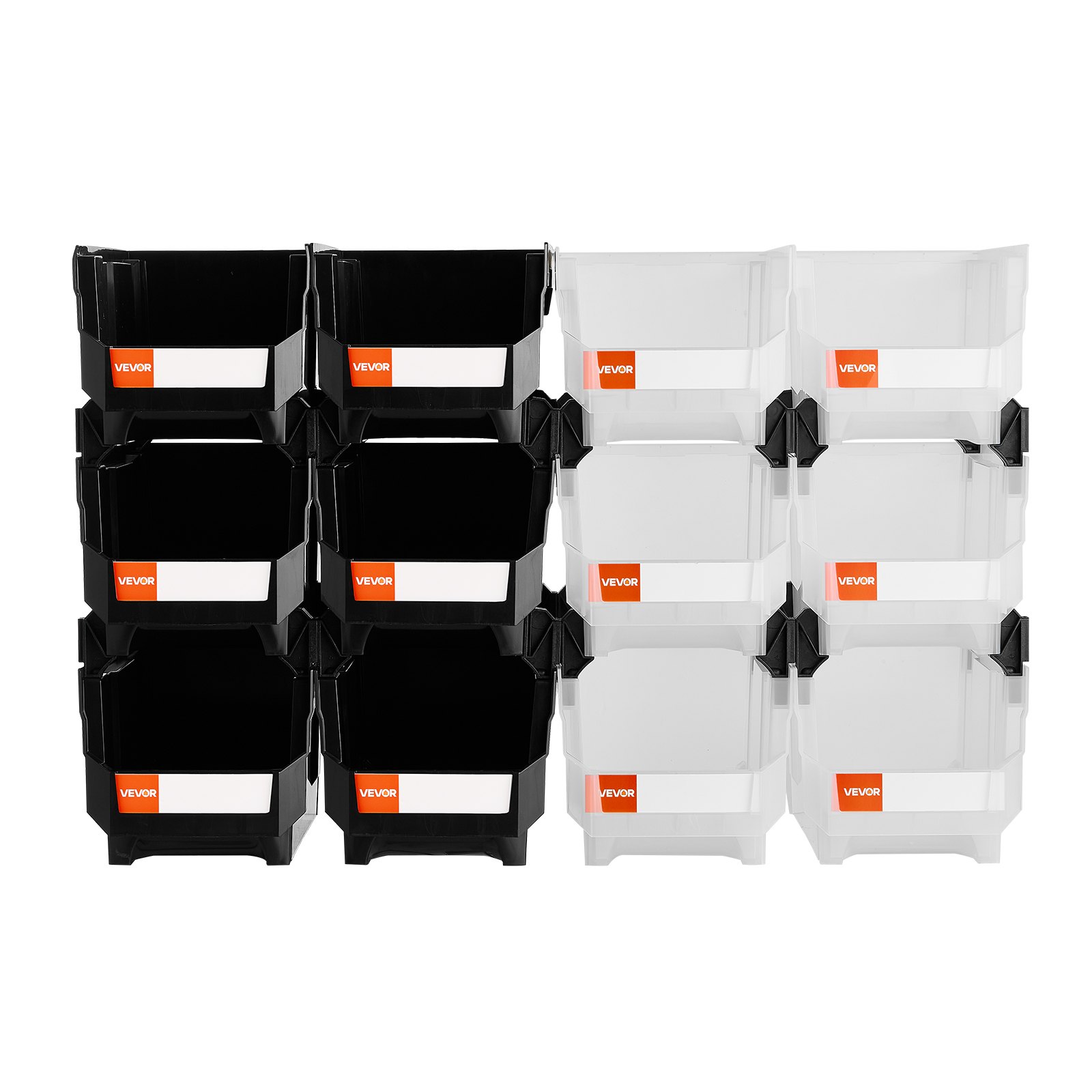 VEVOR stapeldozen, 377 x 215 x 180 mm (12-pack), transparante opbergdozen, stapelbare opbergdoos voor het organiseren en opbergen van kleine onderdelen, kantoorbenodigdheden en andere accessoires, zwart en transparant