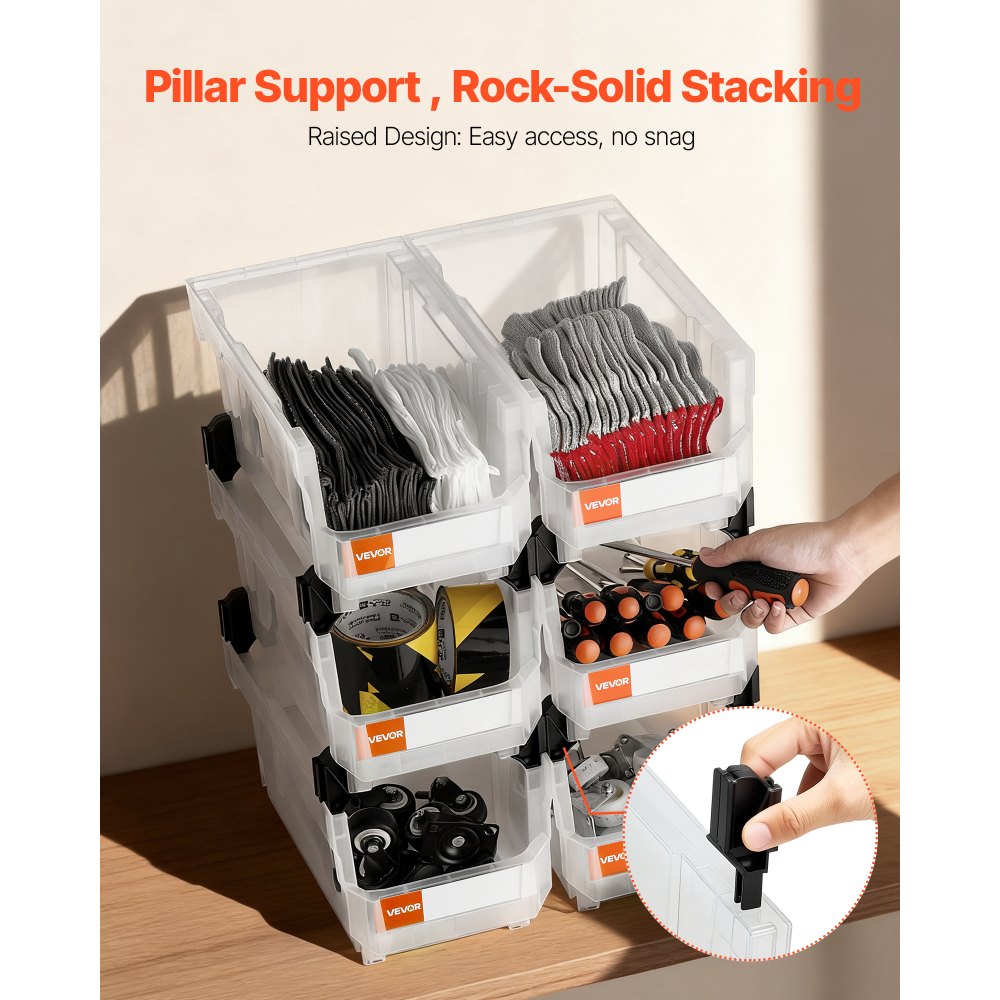 VEVOR stapeldozen, 377 x 215 x 180 mm (6-pack), transparante opbergdozen voor het organiseren en opslaan van spullen, transparante opbergdoos voor kasten, garages, kleine onderdelen, kantoorbenodigdheden en andere accessoires