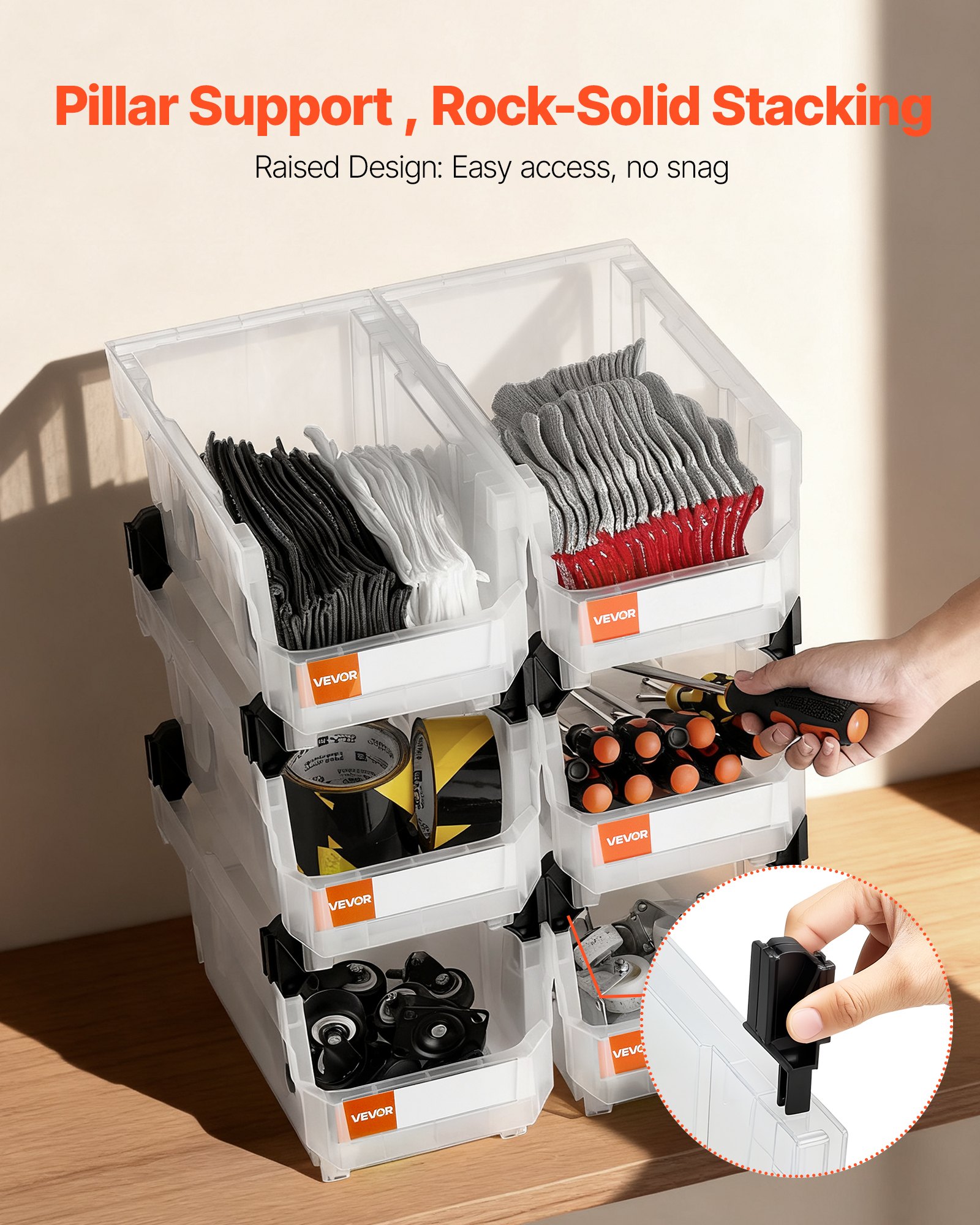 VEVOR stapeldozen, 377 x 215 x 180 mm (6-pack), transparante opbergdozen voor het organiseren en opslaan van spullen, transparante opbergdoos voor kasten, garages, kleine onderdelen, kantoorbenodigdheden en andere accessoires