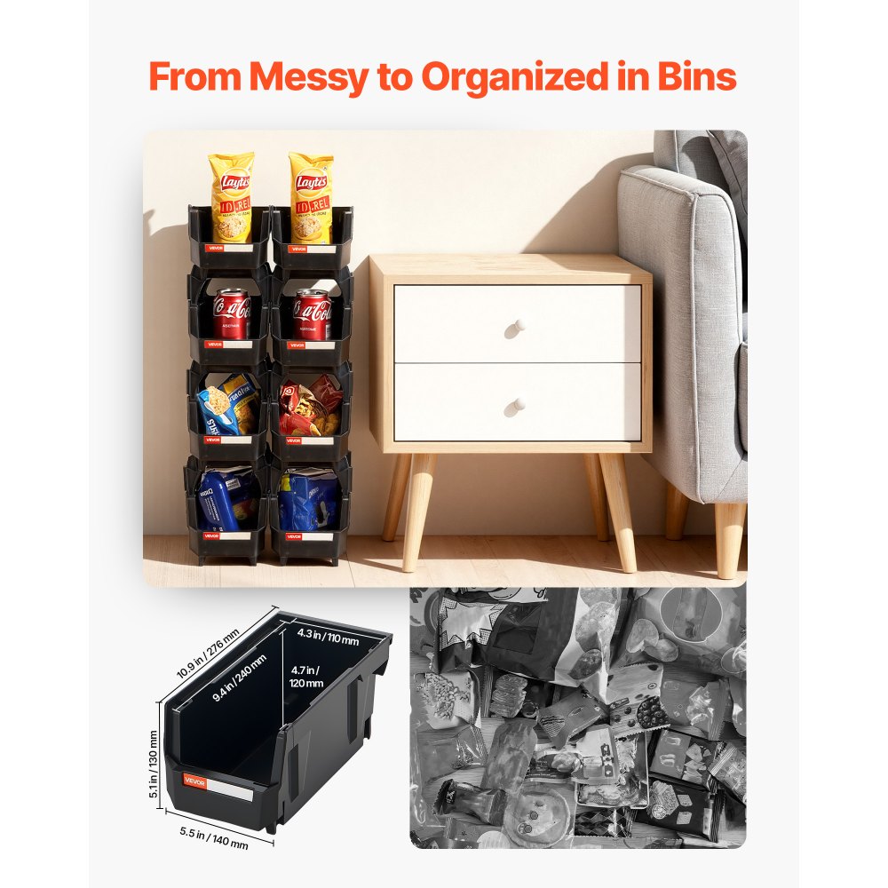 VEVOR stapeldozen, 276 x 140 x 130 mm (8-pack), transparante opbergdozen, opbergdozen, transparante opbergdoos voor het organiseren en opbergen van kleine onderdelen, kantoorbenodigdheden en andere accessoires, zwart