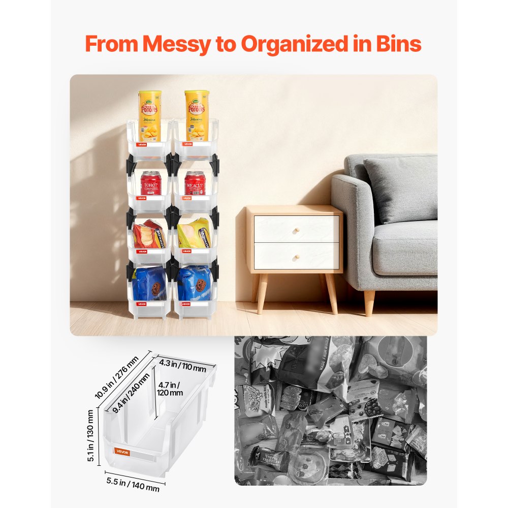 VEVOR stapelboxen, 276 x 140 x 130 mm (8-pack), opbergdozen voor organiseren en opbergen, opbergdozen met open voorkant, opbergdoos met open voorkant, voor kast, garage, kleine onderdelen, kantoorbenodigdheden, andere accessoires, transparant