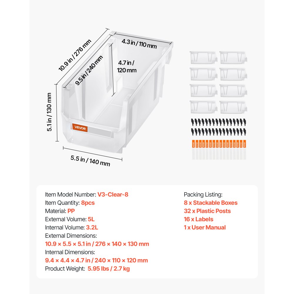 VEVOR stapelboxen, 276 x 140 x 130 mm (8-pack), opbergdozen voor organiseren en opbergen, opbergdozen met open voorkant, opbergdoos met open voorkant, voor kast, garage, kleine onderdelen, kantoorbenodigdheden, andere accessoires, transparant