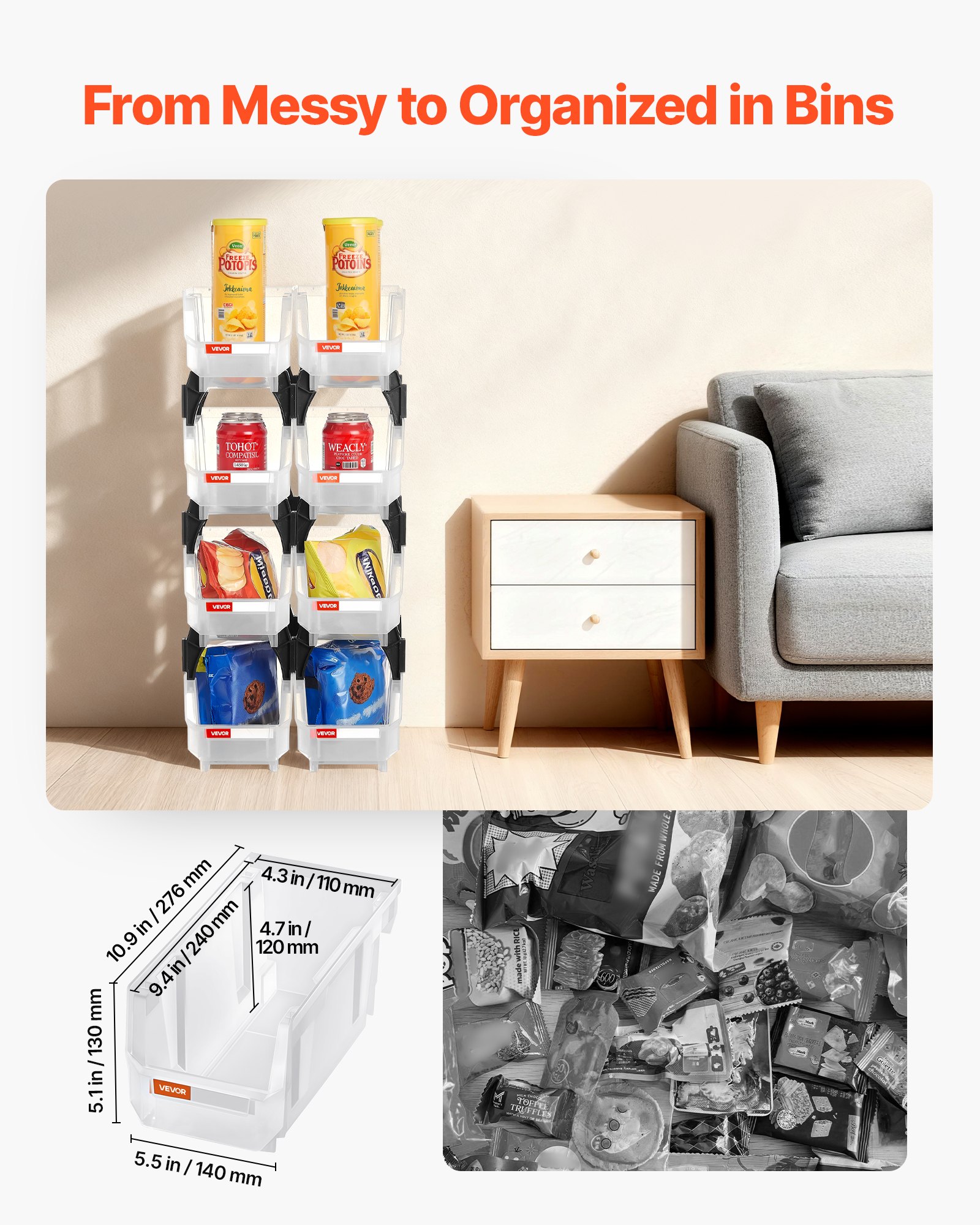 VEVOR stapelboxen, 276 x 140 x 130 mm (8-pack), opbergdozen voor organiseren en opbergen, opbergdozen met open voorkant, opbergdoos met open voorkant, voor kast, garage, kleine onderdelen, kantoorbenodigdheden, andere accessoires, transparant