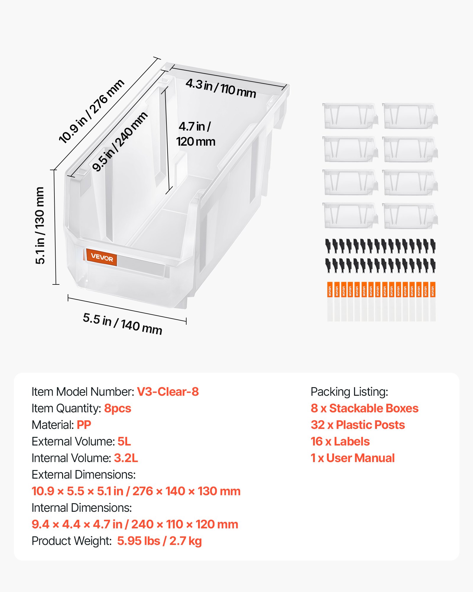 VEVOR stapelboxen, 276 x 140 x 130 mm (8-pack), opbergdozen voor organiseren en opbergen, opbergdozen met open voorkant, opbergdoos met open voorkant, voor kast, garage, kleine onderdelen, kantoorbenodigdheden, andere accessoires, transparant