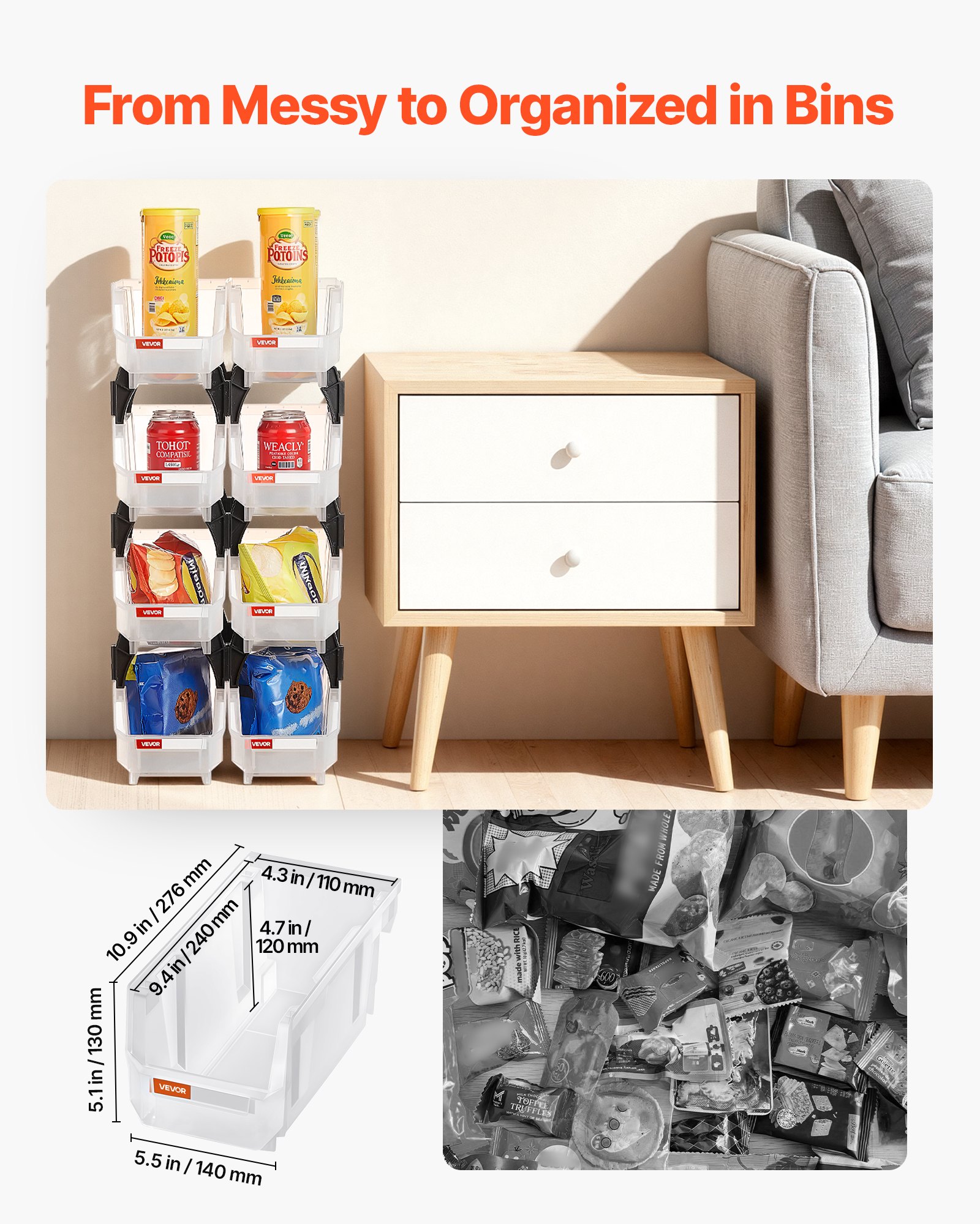 VEVOR stapelboxen, 276 x 140 x 130 mm (8-pack), opbergdozen voor organiseren en opbergen, opbergdozen met open voorkant, opbergdoos met open voorkant, voor kast, garage, kleine onderdelen, kantoorbenodigdheden, andere accessoires, transparant