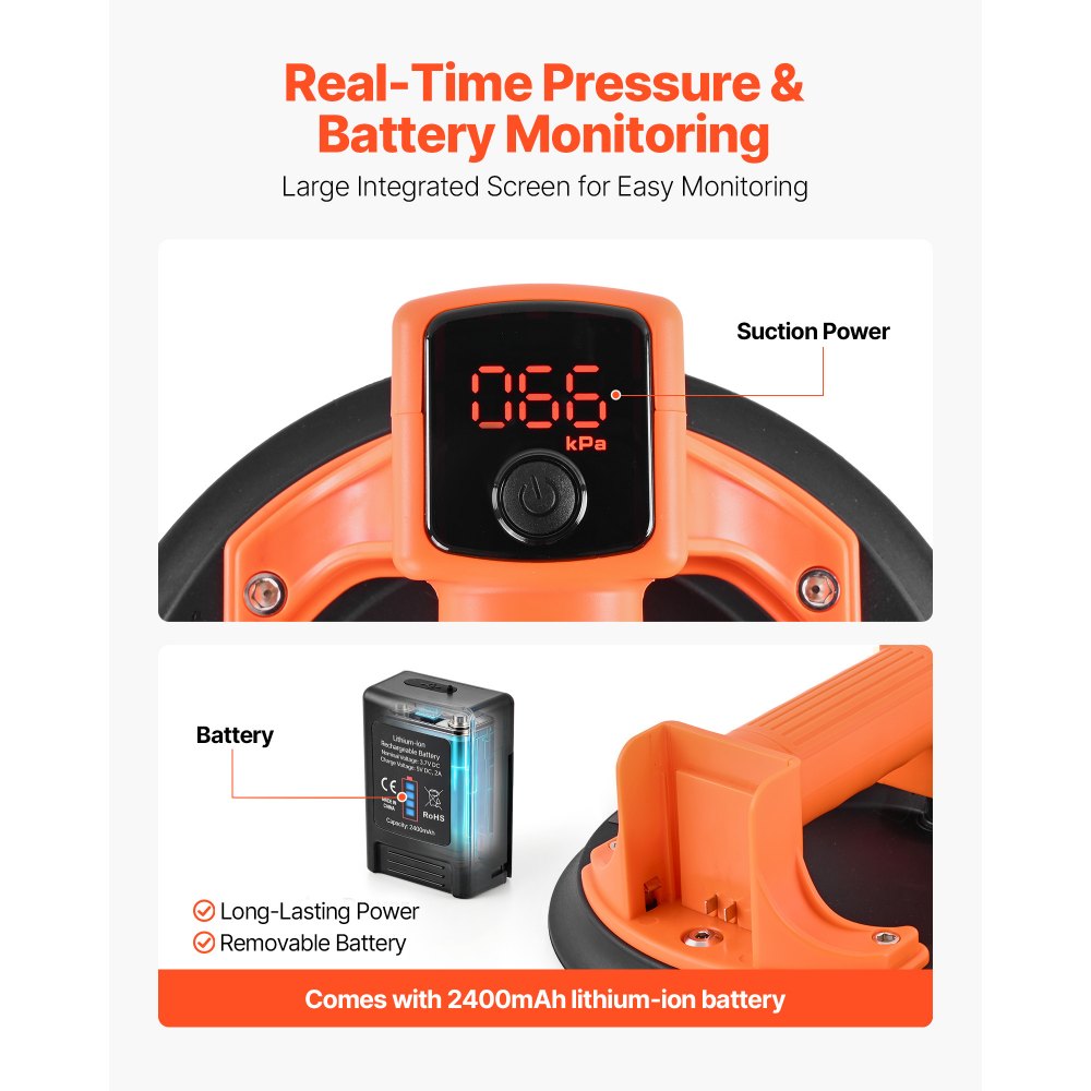 VEVOR Draadloze Glaszuiger, 203 mm Vacuüm Glaszuiger met Digitaal Display voor Zuigkracht en Batterijniveau, Maximaal Hefvermogen 200 kg, Tegelzuignap voor het Optillen van Tegels en Graniet (1 stuk)