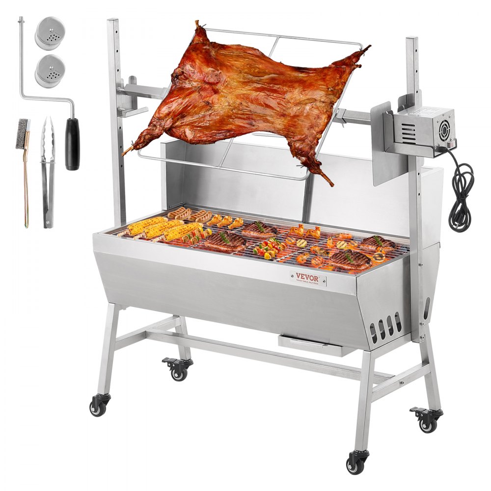 VEVOR Lamsgrill, speenvarkengrill, spitgrill, 61 kg oprolbare houtskoolgrill voor varkensvlees, lam, geit, 42 W elektromotor, roestvrijstalen braadslede met voorruit