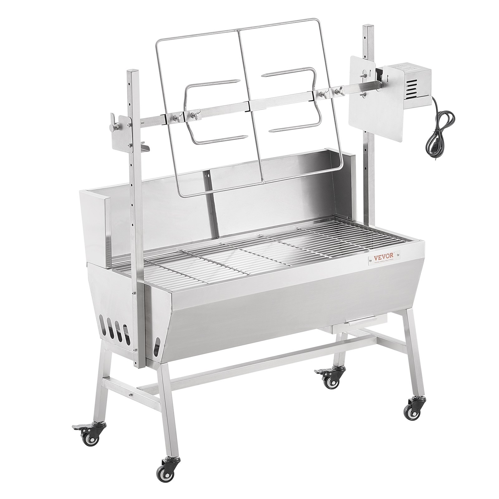 VEVOR Lamsgrill, speenvarkengrill, spitgrill, 61 kg oprolbare houtskoolgrill voor varkensvlees, lam, geit, 42 W elektromotor, roestvrijstalen braadslede met voorruit
