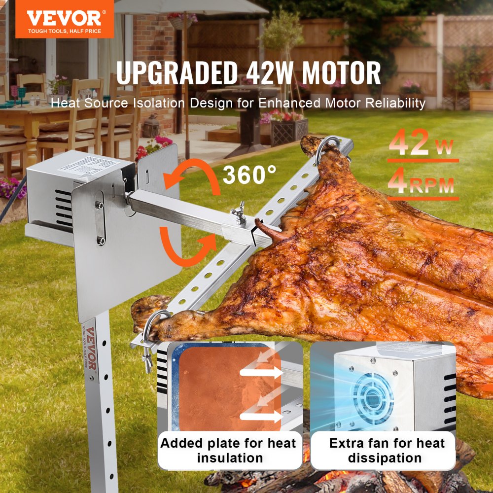 VEVOR Lamsgrill, speenvarkengrill, spitgrill, 41 kg BBQ-spitgrill voor varkensvlees, lam, geit, elektrische 42 W-motor, commerciële roestvrijstalen braadslede met hitteschild, 1108 mm spitlengte