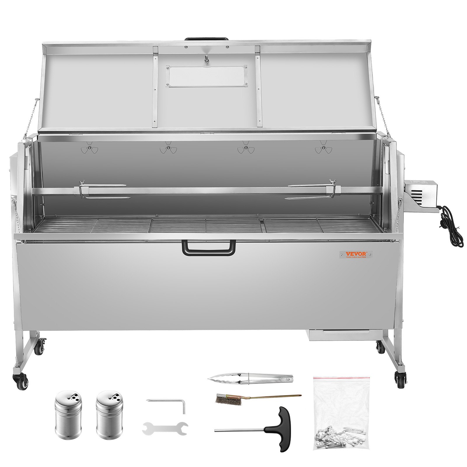 VEVOR Lamsgrill Speenvarkengrill Spit Roast Grill 130 kg BBQ Spit Grill (60 W) voor Varkensvlees Lam Geit, Commerciële Rotisserie Roaster met Vergrendelbare Wielen, voor Buiten Camping Grillen