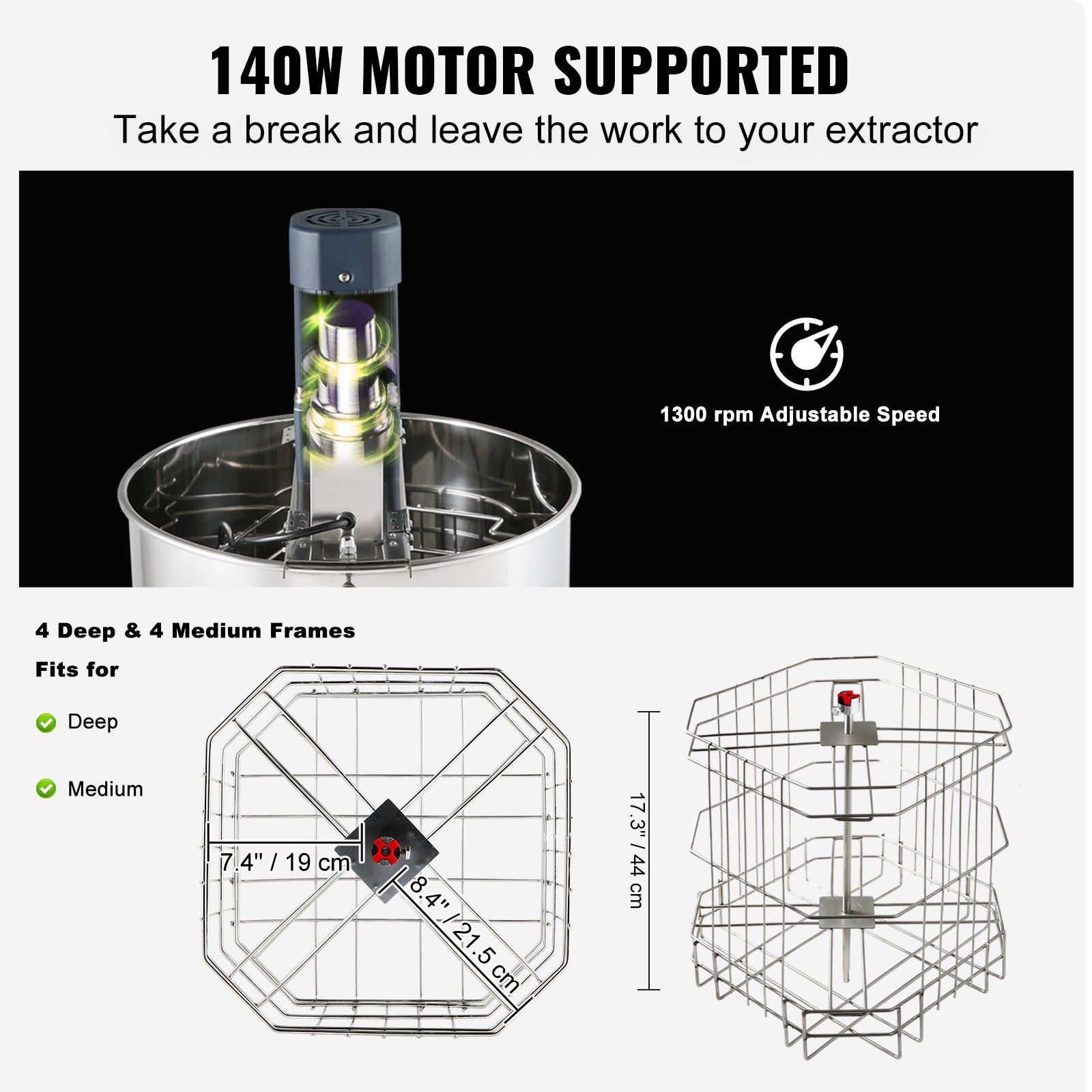VEVOR Elektrische Honingextractor 140W Tangentiële Extractor Roestvrijstalen Honingextractor met 4/8 Frame, 45mm Honingklep, 1300RPM Elektrische Honingextractor, 48x16/23cm Honingraatformaat, Imkeraccessoires