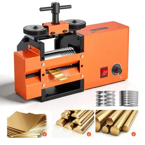 VEVOR elektrische sieradenwals 60 mm 3-in-1 wals voor platte, vierkante en ronde staven, gereedschap voor doe-het-zelf sieradenmakers, instelbare dikte 0,03–7 mm, voor het persen van kneedbare metalen zoals goud, zilver en koper.