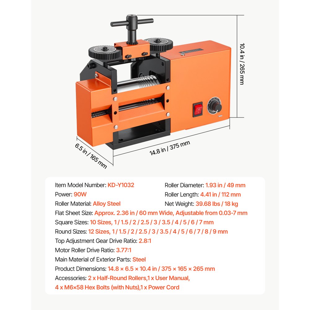 VEVOR elektrische sieradenwals 60 mm 3-in-1 wals voor platte, vierkante en ronde staven, gereedschap voor doe-het-zelf sieradenmakers, instelbare dikte 0,03–7 mm, voor het persen van kneedbare metalen zoals goud, zilver en koper.