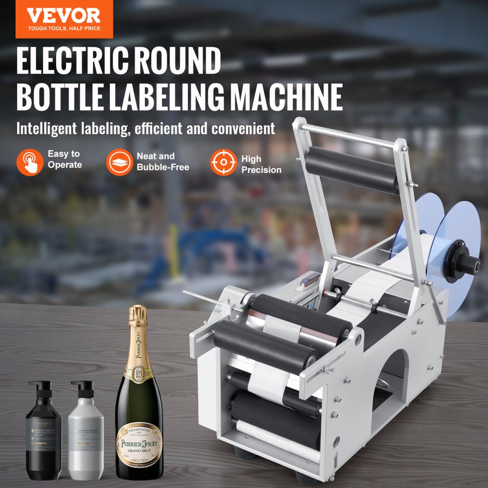 VEVOR Semi-Automatic Round Labeling Machine, 20-50pcs/min, Electric Bottle Label Applicator for Round Bottles, Round Bottle Labeler Suitable for Bottle Diameter 0.78-4.72 inches (with Pressing Bar)