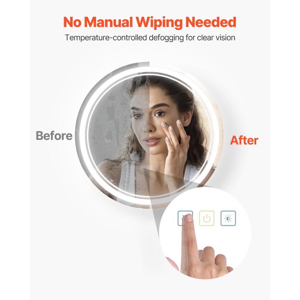 VEVOR LED Bathroom Mirror, 60 cm LED Bathroom Round Vanity Mirror with Frontlit and Backlit, Anti-Fog Memory Mirror with Lights, Stepless 3 Colors Temperature Dimmable Bathroom Mirror, Wall Mounted