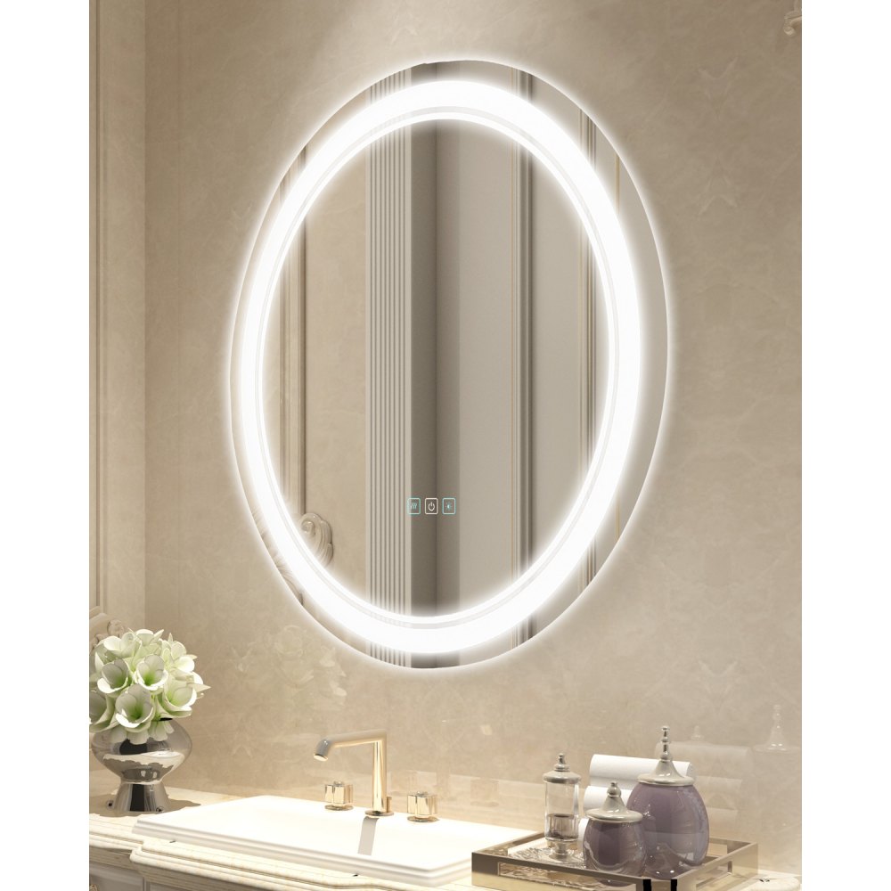 VEVOR LED Bathroom Mirror, 60 cm LED Bathroom Round Vanity Mirror with Frontlit and Backlit, Anti-Fog Memory Mirror with Lights, Stepless 3 Colors Temperature Dimmable Bathroom Mirror, Wall Mounted