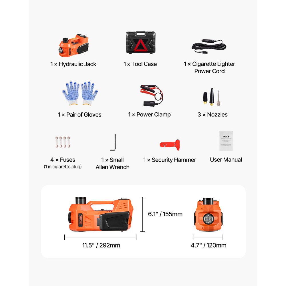 VEVOR elektrische krik 5t schaarkrik met ingebouwde pomp, 12V verstelbare bandenwissel met veilige hamer en led-lamp, draagbare krikset voor sedan, SUV, vrachtwagen