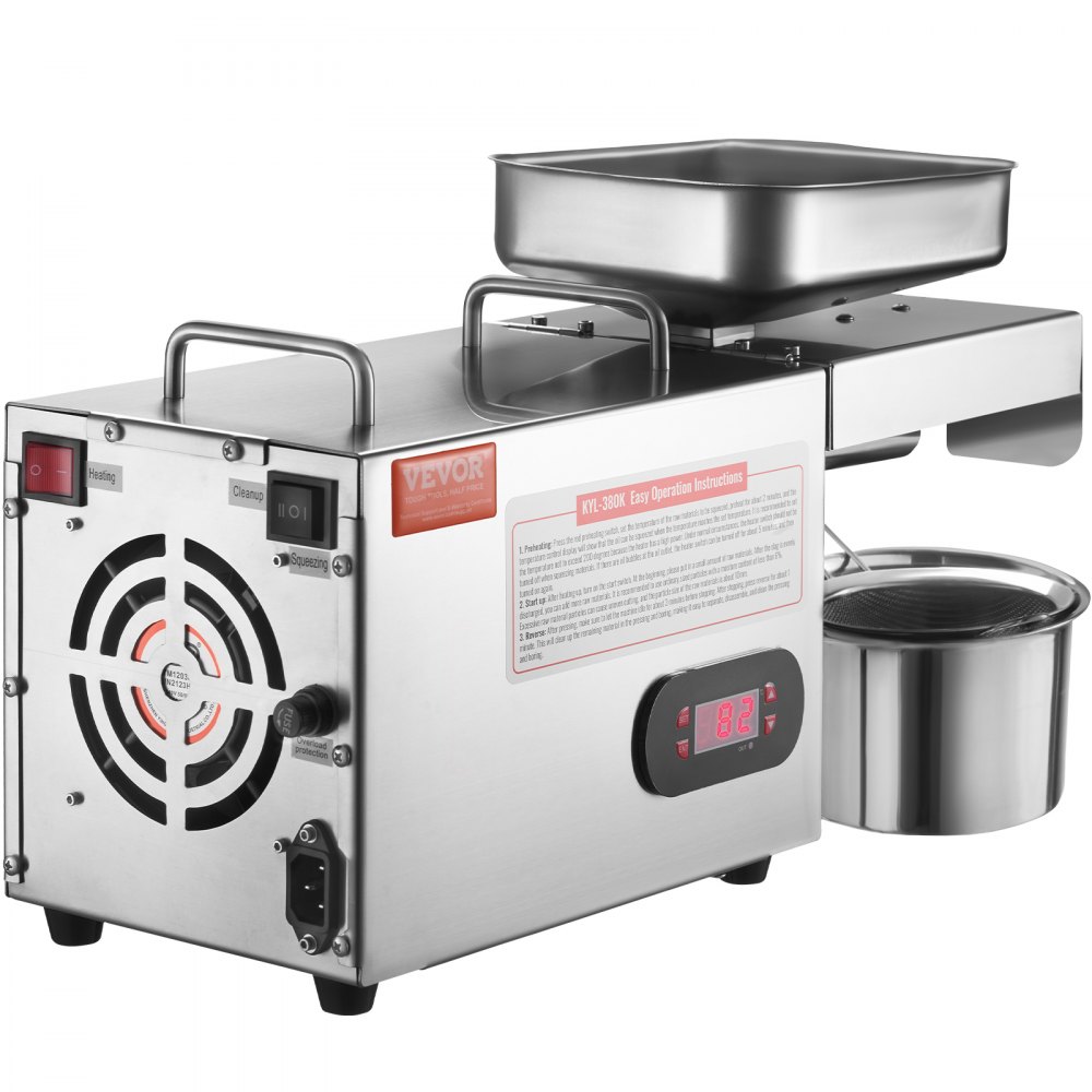 VEVOR elektrische oliepers, 850W roestvrijstalen olie-extractiemachine, 0-300℃ instelbare temperatuur, hete persoliepers voor het persen van pinda's, sesamzaadjes, koolzaad en theezaadjes