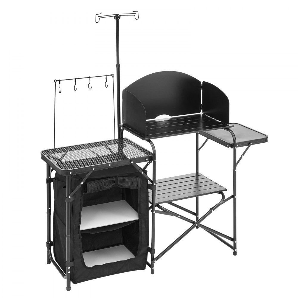 VEVOR Campingkeukentafel, Buitenkooktafel, Draagbaar aluminium kookstation met opbergkast, draagtas en afneembaar windscherm, voor barbecues, picknicks en camperreizen, Zwart