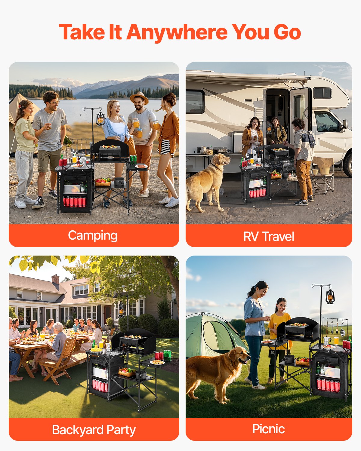 VEVOR Campingkeukentafel, Buitenkooktafel, Draagbaar aluminium kookstation met opbergkast, draagtas en afneembaar windscherm, voor barbecues, picknicks en camperreizen, Zwart