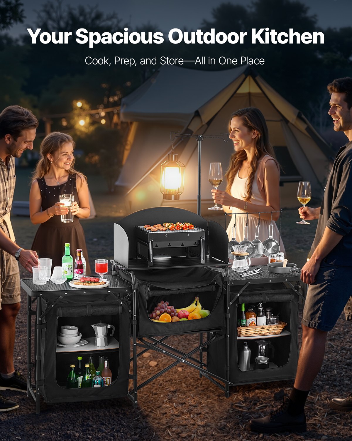 VEVOR Campingkeukentafel, Buitenkooktafel, Draagbaar aluminium kookstation met 3 opbergkasten, draagtas en afneembaar windscherm, voor barbecues, picknicks, camperreizen, zwart
