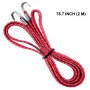 red elastic cord with metal hooks, 78.7 inches (2 meters) in length, coiled neatly.