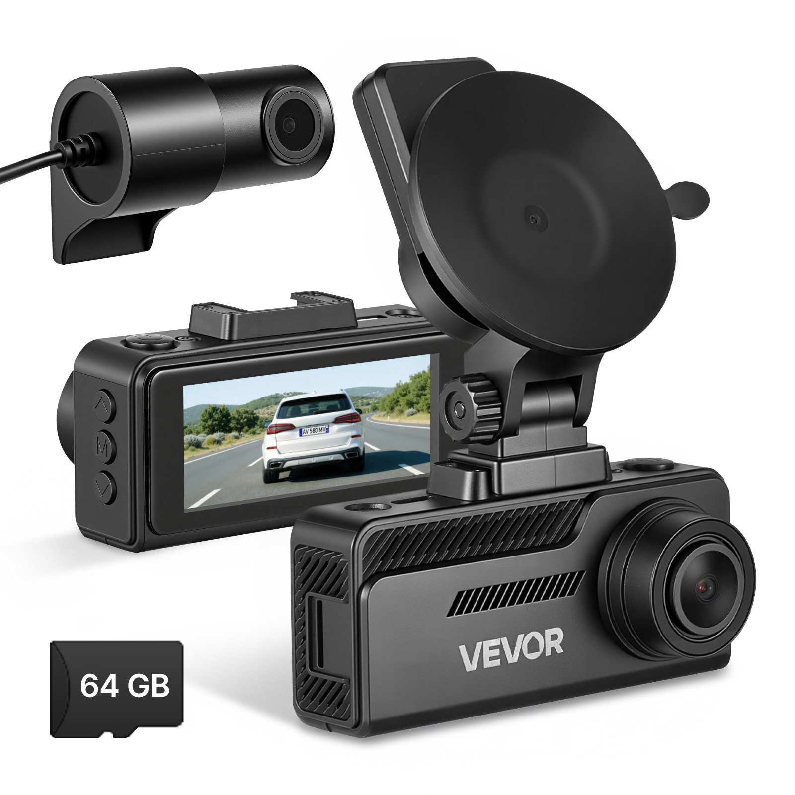 VEVOR 4K Dashcam voor auto, voor- en achterkant, 1080p dubbele autocamera met geïntegreerde GPS, G-sensor en 64GB geheugenkaart, 3,18 inch scherm, 129° + 125° groothoek, loopopname, parkeermodus, zwart