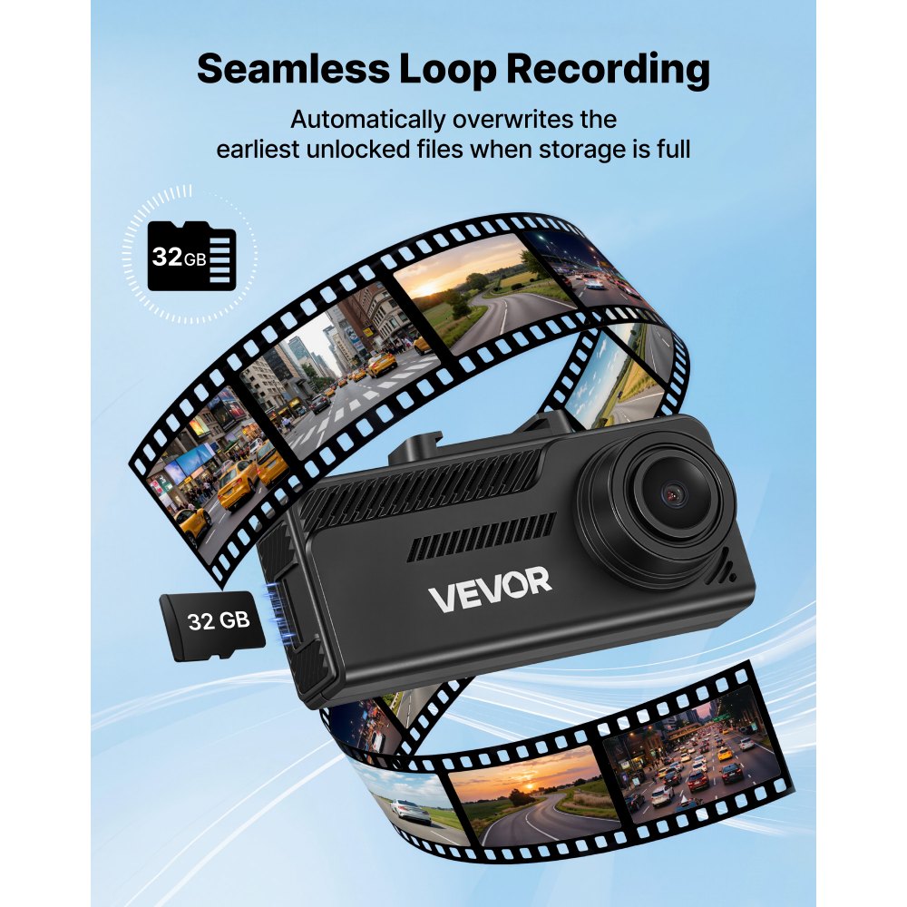 VEVOR 4K Dashcam voor auto, voor- en achterkant, 1080p dubbele autocamera met geïntegreerde GPS G-sensor en geheugenkaart (32 GB), 3,18 inch scherm, 129° + 125° groothoek, loopopname, parkeermodus, zwart