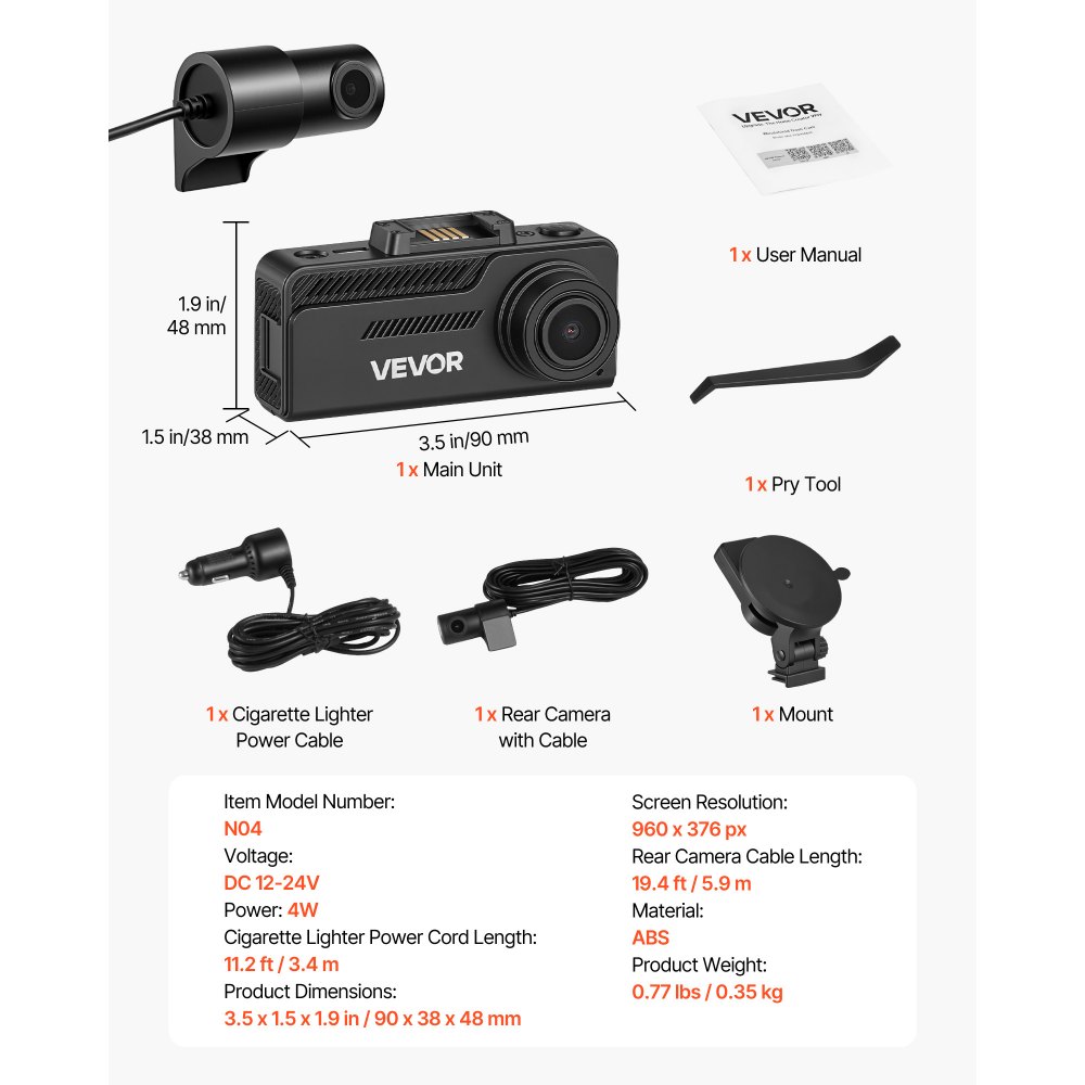 VEVOR 4K Dashcam voor auto, voor- en achterkant, 1080p dubbele autocamera met geïntegreerde GPS G-sensor en geheugenkaart (32 GB), 3,18 inch scherm, 129° + 125° groothoek, loopopname, parkeermodus, zwart