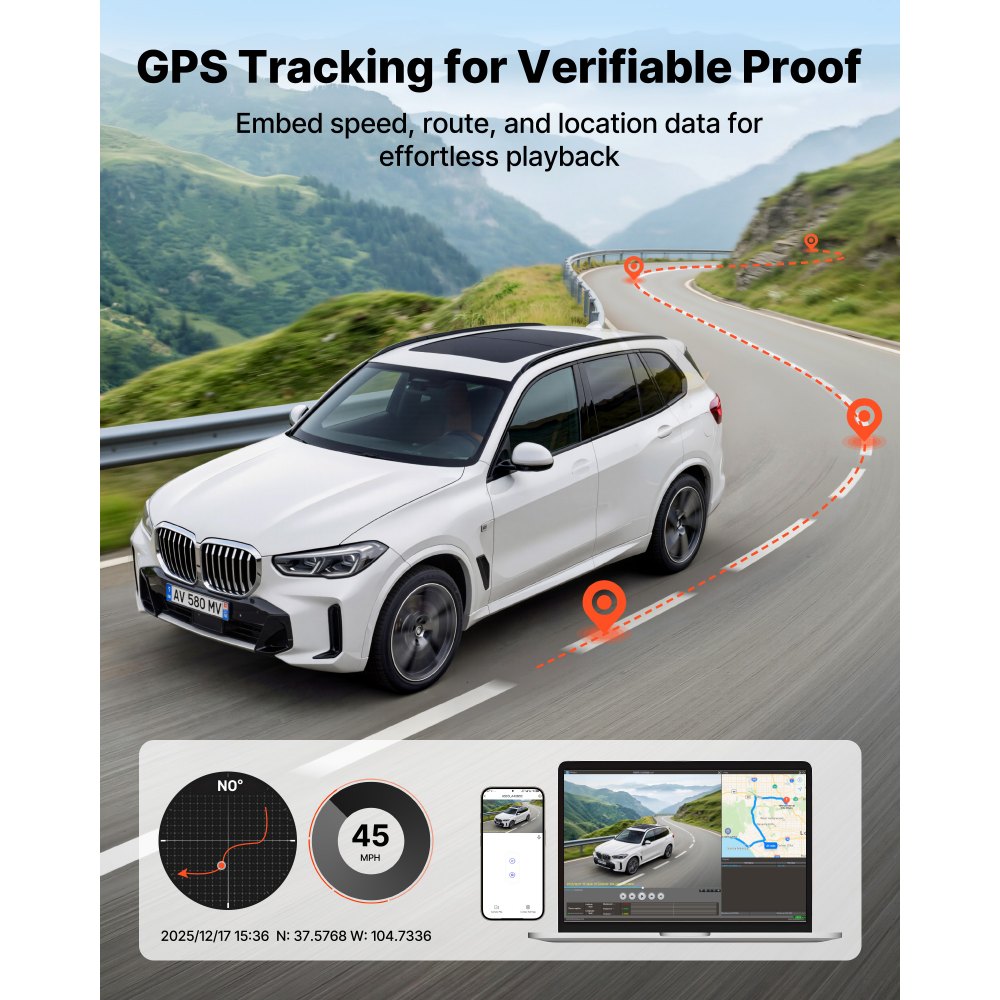 VEVOR 4K Dashcam voor auto, voor- en achterkant, 1080p dubbele autocamera met geïntegreerde GPS en G-sensor, wifi-appbediening, 3 inch scherm, 123° + 125° groothoek, loopopname, parkeermodus, zwart