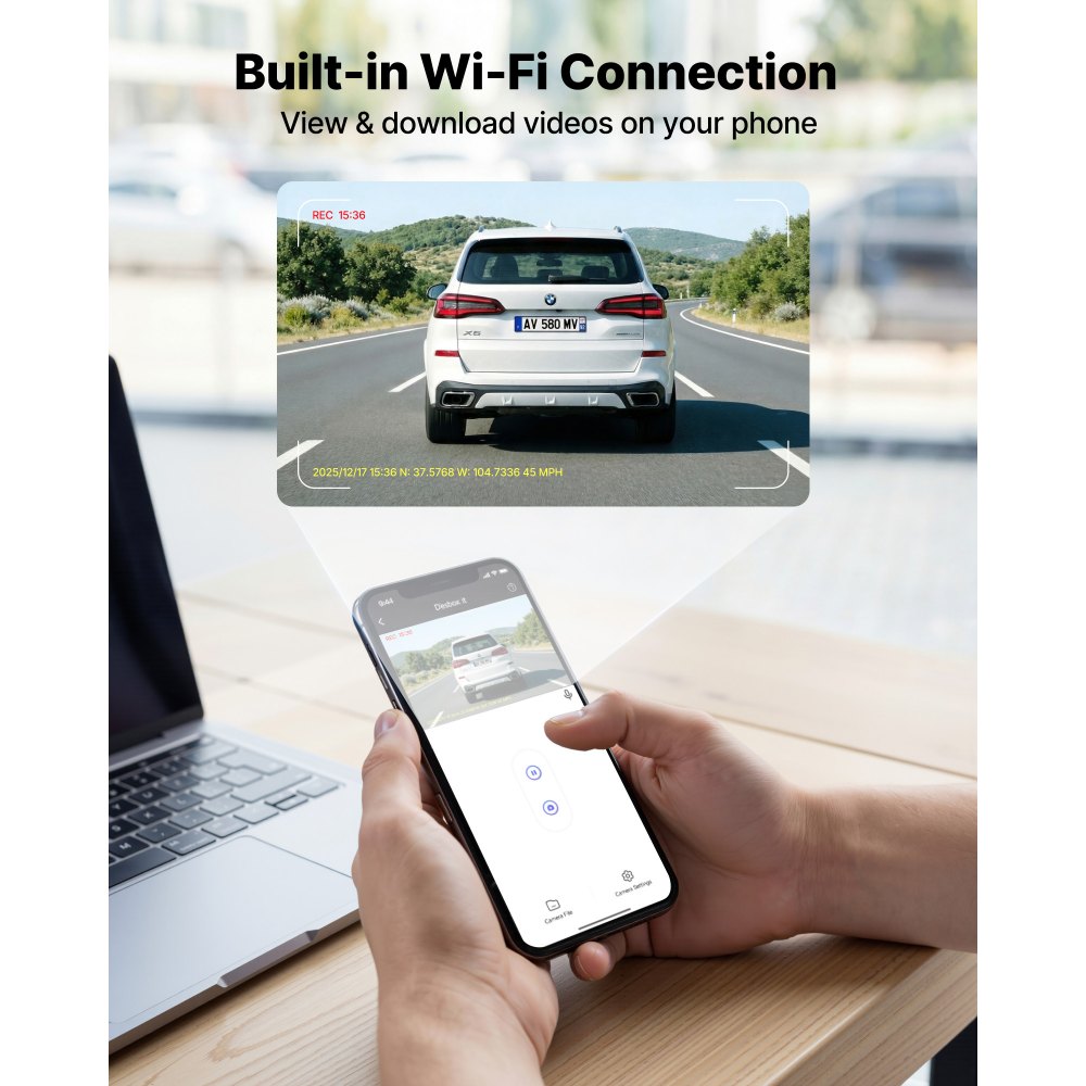 VEVOR 4K Dashcam voor auto, voor- en achterkant, 1080p dubbele autocamera met geïntegreerde GPS en G-sensor, wifi-appbediening, 3 inch scherm, 123° + 125° groothoek, loopopname, parkeermodus, zwart