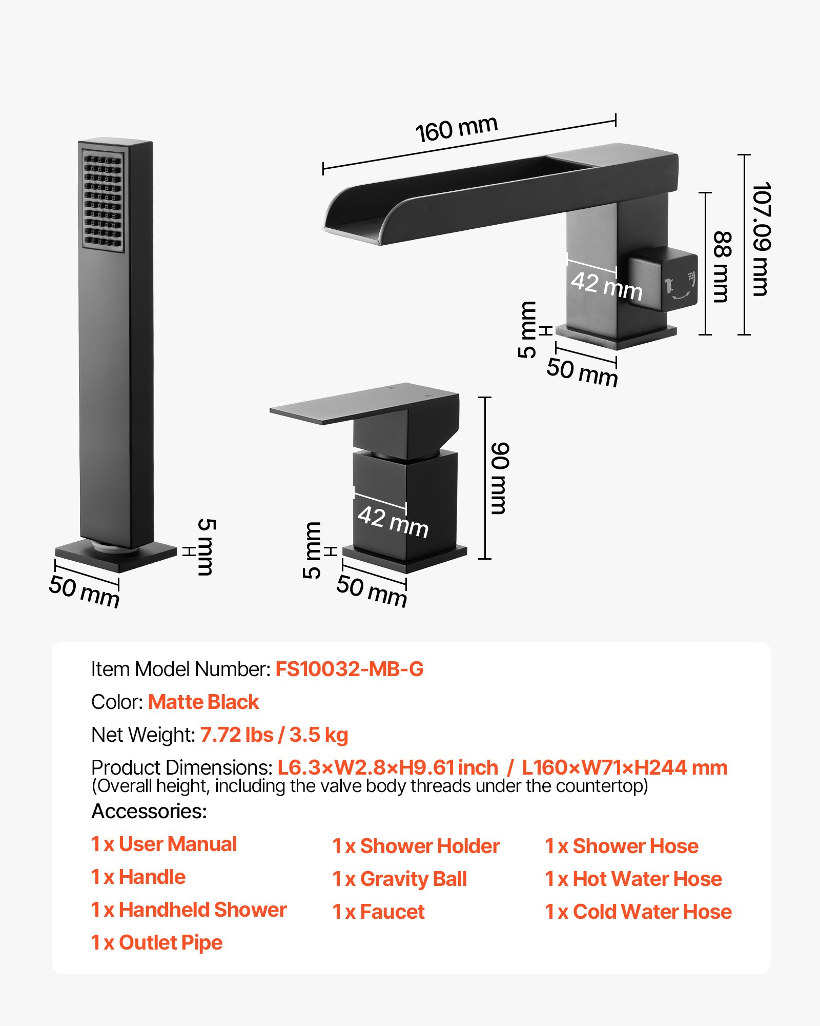 VEVOR Roman Tub Faucet, 3 Hole Waterfall Bathtub Faucet, Widespread Roman Tub Faucets with Shower Head & 1 Handle, Romans Bathtub Faucets for Pet Washing, Adult Bathing, Matte Black, Stainless Steel