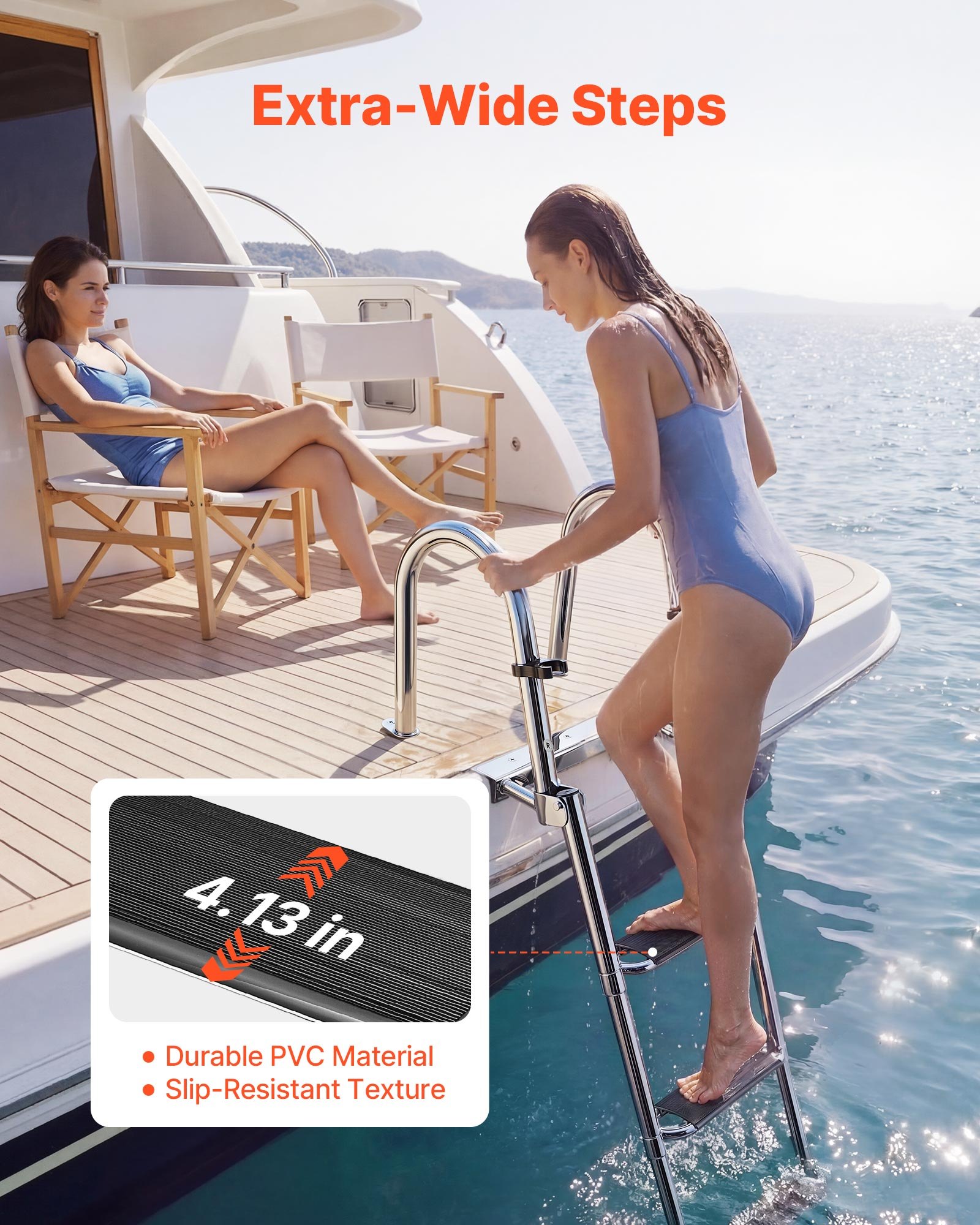 VEVOR Boat Ladder, 4 Steps, Stainless Steel Telescoping Folding Swim Deck Ladder for Rear Entry Inboard, 600lbs Capacity with Extra Wide Anti-Slip Steps & Handrails, for Outboards, Yacht, Pontoon Boat