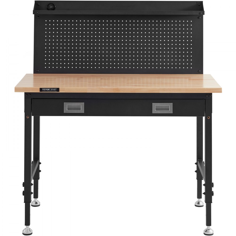 VEVOR Workbench Adjustable Height 28-39.5" Work Bench For Garage Oak Plank & Carbon Steel Heavy Duty Workbench 2000lbs Weight Capacity Bench top Size 48x24" Hardwood Workbench 3m Cable 30 Hooks