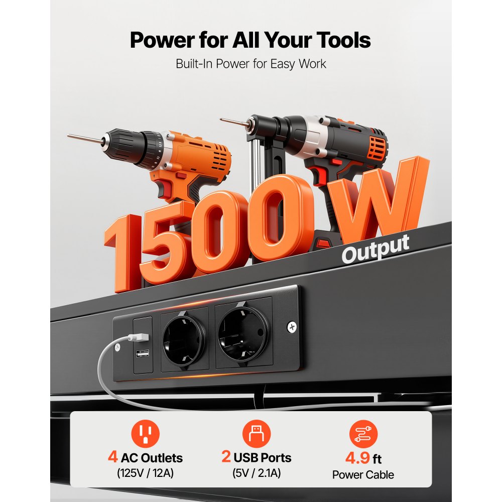 VEVOR Werkbank met geperforeerd paneel, werktafel met een draagvermogen van 110 kg, inclusief 2 planken, 2 lades, ledverlichting en geïntegreerde stekkerdoos met USB-aansluiting, multifunctionele tafel met gereedschapswand voor doe-het-zelfprojecten.